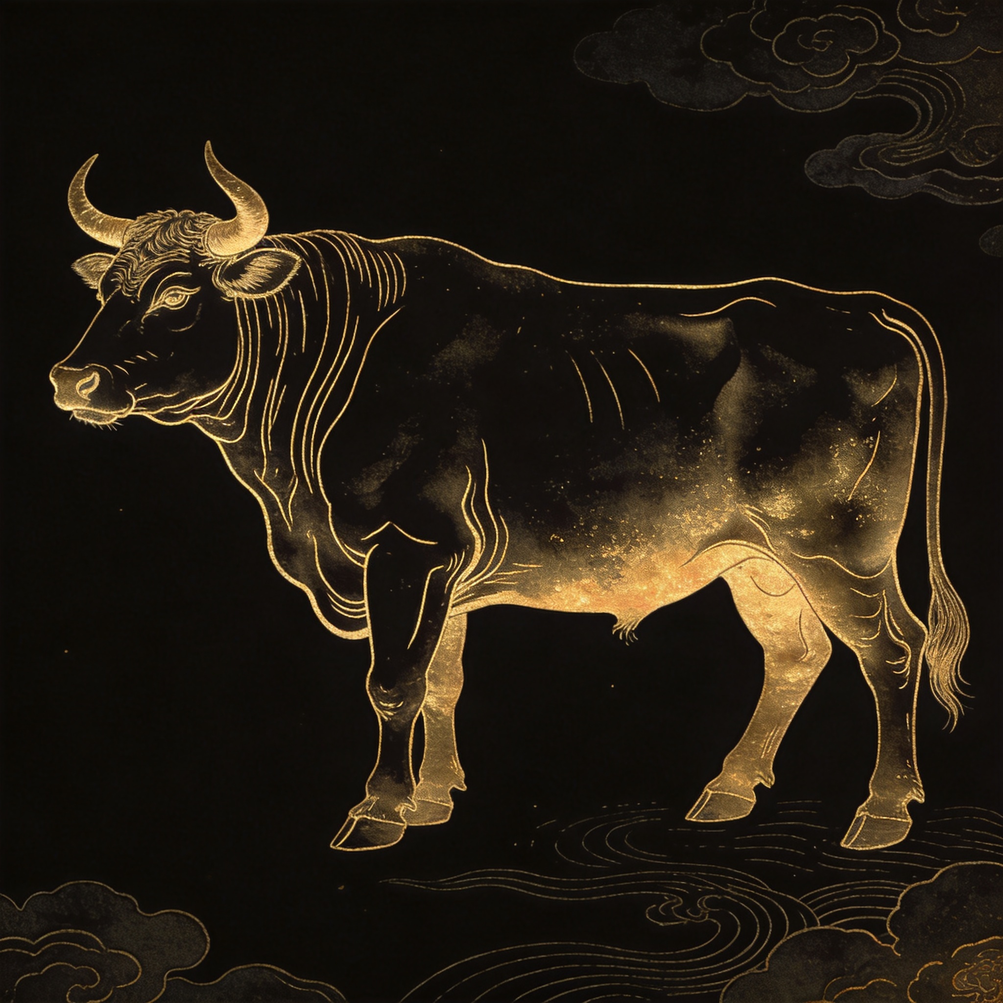 黑底鎏金公牛全身图，牛头朝左，发光点标注上脑、眼肉、西冷、臀腰肉、米龙、牛腩、牛小排、肥牛、牛腩排、牛霖、牛腿等部位